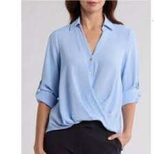 Status by Chenault Blue Wrap Blouse Minimalist Clean Classic Office Buttons